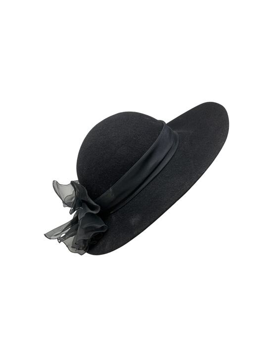 Arlin Black Wool Wide Brim Hat Vintage 1950s Bow Trim Made in USA